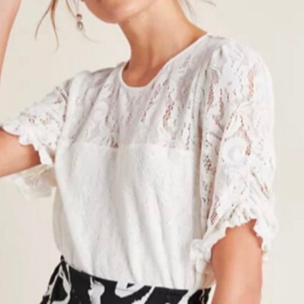 Anthropologie • Paravati White Velvet Lace Top